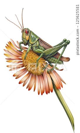 There is a big green grasshopper sitting on a flower 125625581
