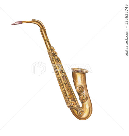 Watercolor vintage brass saxophone illustration isolated background. Woodwind musical instrument in realistic style. Music element for jazz festival, retro decor, event branding, or album covers Watercolor vintage brass saxophone illustration isolated background. Woodwind musical instrument in realistic style. Music element for jazz festival, retro decor, event branding, or album covers 125625749
