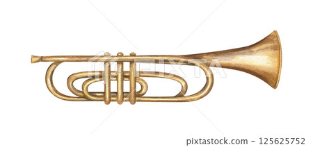 Watercolor musical classical brass trumpet illustration isolated background. Hand painted vintage instrument. Side view. For jazz themed branding, or cultural event promotion, concert poster 125625752