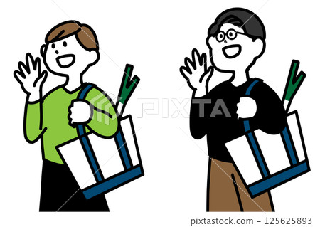 一組男女購物回家路上互相問候的插畫 125625893
