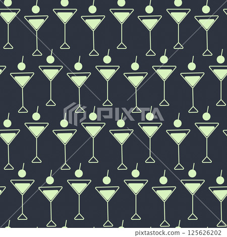 Triangular Martini Glasses and cherry symbolic Seamless background Neon light yellow green on dark 125626202