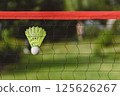 Badminton Shuttlecock Caught in Net During Outdoor Game 125626267
