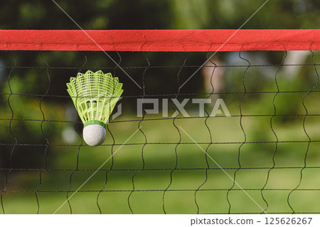 Badminton Shuttlecock Caught in Net During Outdoor Game 125626267