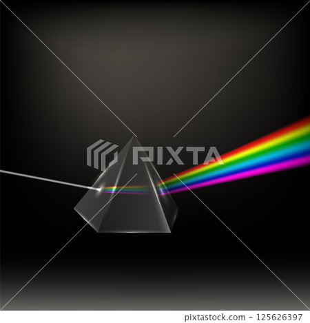 Vector Transparent Prism. Colorful Light Rays. Ray Rainbow Spectrum Dispersion. Optical Effect in Triangle Glass. Educational Physics Refraction. Laser Show 125626397