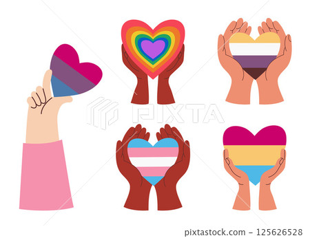 Pride Month. LGBTQ Rainbow Pride Hearts in Hands. Diversity, Love Concept. LGBT community transgender, pansexual, bisexual, and nonbinary identities. Isolated Vector illustration on white background 125626528