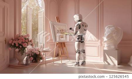 Humanoid robot paints a picture with paints, in an art studio, with a painting on an easel 125626545