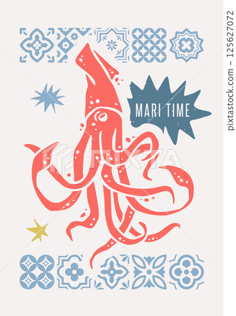 Vertical Food Poster A3 with Red Squid Silhouette on Blue Tiles 125627072