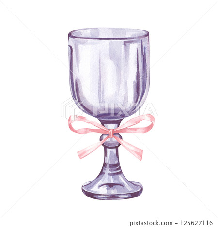 An elegant glass wine glass with a pink ribbon is hand-painted in watercolor. Watercolor illustration isolated on a white background. Clipart. An elegant glass wine glass with a pink ribbon is hand-painted in watercolor. Watercolor illustration isolated on a white background. Clipart. 125627116