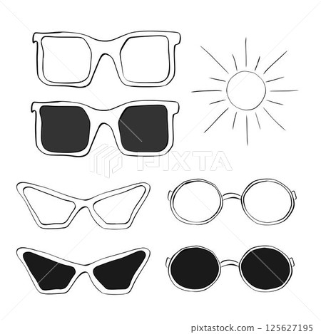 Eyewear Sun Protection Sunglass Illustration set. Vector graphic line ink icon isolated. For poster, flyer, banner, invitation, social media, party or sale Eyewear Sun Protection Sunglass Illustration set. Vector graphic line ink icon isolated. For poster, flyer, banner, invitation, social media, party or sale 125627195