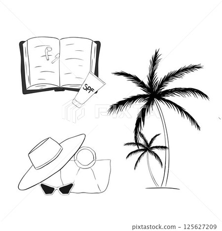 Beach essentials composition set. Vector graphic line ink isolated. book, spf cream, hat, beach bag, sunglasses, palm trees. Banner, poster, wrapping paper, sticker, print, modern textile design. Beach essentials composition set. Vector graphic line ink isolated. book, spf cream, hat, beach bag, sunglasses, palm trees. Banner, poster, wrapping paper, sticker, print, modern textile design. 125627209