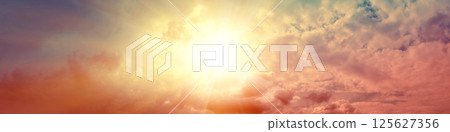 Panorama of a sky on a partially cloudy day. Sky texture. Abstract nature background. Horizontal banner 125627356