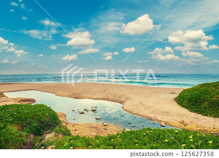 Seascape on a sunny day. Paredes da Vitoria Beach, Portugal, Europe Seascape on a sunny day. Paredes da Vitoria Beach, Portugal, Europe 125627358