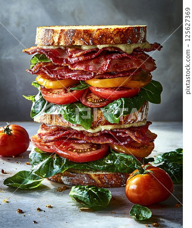 Layered Sandwich with Crispy Bacon, Fresh Tomatoes, Spinach, and Sourdough Bread on a Rustic Layered Sandwich with Crispy Bacon, Fresh Tomatoes, Spinach, and Sourdough Bread on a Rustic 125627369