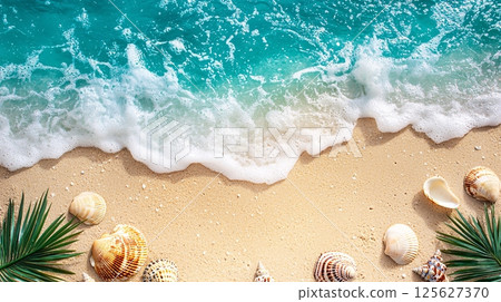 Tranquil Beach Scene with Sandy Shoreline, Gentle Waves, Colorful Seashells, and Lush Green Palm Tranquil Beach Scene with Sandy Shoreline, Gentle Waves, Colorful Seashells, and Lush Green Palm 125627370