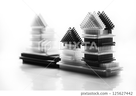 Elements of the children's construction set are presented in neutral shades. The play-constructor blocks are placed on a light background, highlighting their shape. Elements of the children's construction set are presented in neutral shades. The play-constructor blocks are placed on a light background, highlighting their shape. 125627442