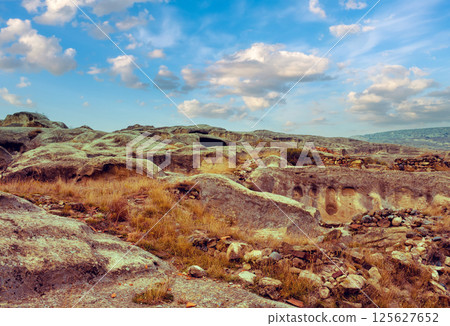 Panoramic view at Antique cave city Uplistsikhe, Georgia, Europe 125627652
