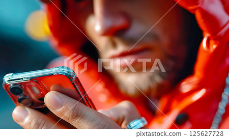 A man in a glossy red jacket intently views his smartphone, with focus on the device and his hand, against a softly lit background 125627728