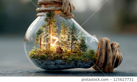 A glass light bulb containing a miniature forest with trees and moss, symbolizing sustainability and eco energy. 125627731