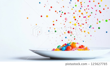 Colorful explosion of liquid spheres on a white plate against a white background. Dynamic and vibrant abstract composition with flying droplets AI generated 125627785