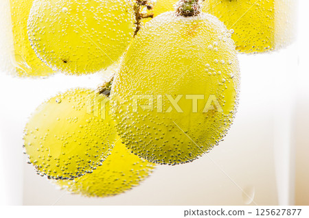 A bunch of grapes in the water looks fresh and tempting. The juicy grapes are covered with numerous tiny bubbles that add a special texture to the image.  A bunch of grapes in the water looks fresh and tempting. The juicy grapes are covered with numerous tiny bubbles that add a special texture to the image.  125627877