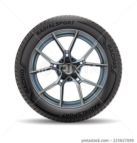 Realistic aluminum car wheel with tire style sport racing on white background vector Realistic aluminum car wheel with tire style sport racing on white background vector 125627899