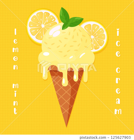 lemon mint ice cream in waffle cone flat vector illustration. 125627903