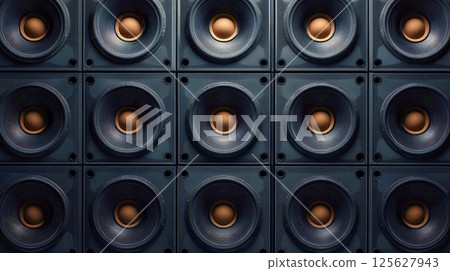 A towering wall of professional subwoofers, arranged in a grid pattern, front view. A towering wall of professional subwoofers, arranged in a grid pattern, front view. 125627943