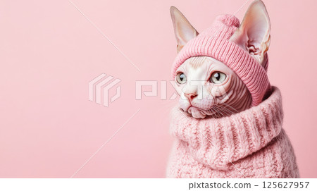 Portrait of a beautiful serious Sphinx cat wearing in a pink knit sweater. Copy space. 125627957