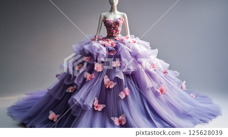 Mannequin with elegant dress decorated with pink flowers and butterflies. 125628039