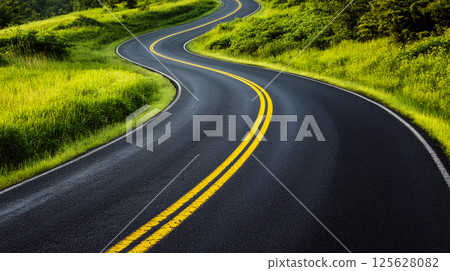 An empty winding road with yellow lines, surrounded by fresh green grass. 125628082