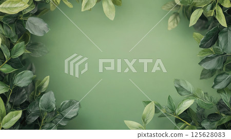 Botanical frame of green leaves on green pale background.  Element for creating greeting cards, invitations. 125628083