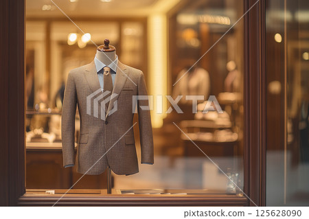 Suit in a showcase of a luxury store. 125628090