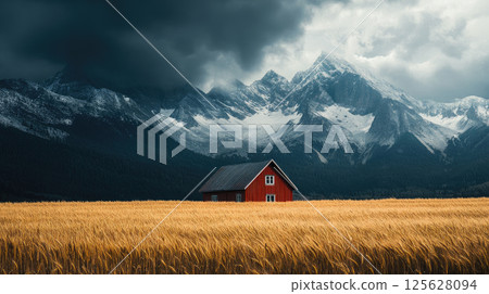 A red house in the middle of an endless field of wheat with snow-capped mountains and dark clouds above. 125628094