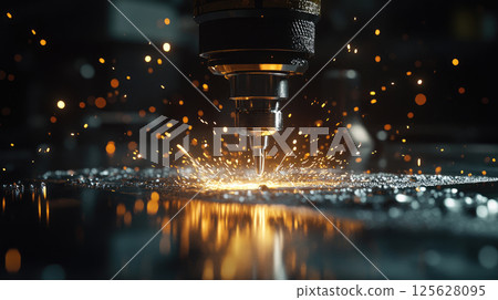 Automated programmed machine. A close-up of an industrial drill, with sparks flying during operation of production machine at factory. 125628095