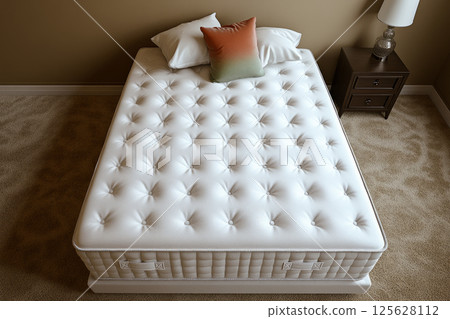 A new mattress with a three pillows on top, placed in the middle of an empty bedroom. 125628112