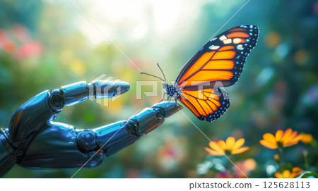 An orange butterfly sitting on a detailed robotic hand. An orange butterfly sitting on a detailed robotic hand. 125628113