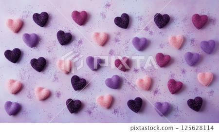 Purple and pink hearts spread out on purple background. St. Valentine day background. 125628114