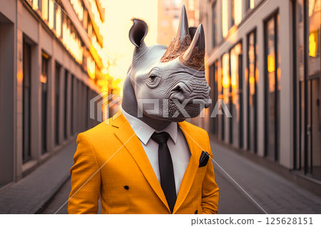 A rhinoceros in yellow suit and black tie, standing on empty street next to office buildings. 125628151