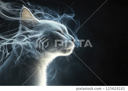 A cat with delicate smoke flowing in the wind on a dark background. 125628181