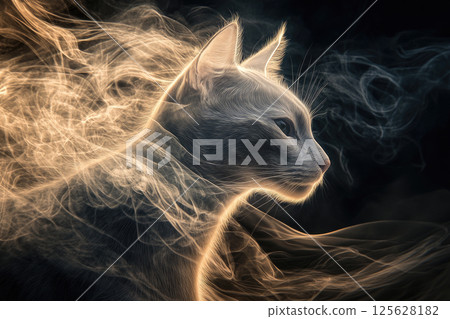 A cat with smoke flowing in the wind on a dark background. 125628182