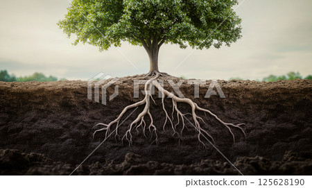 Tree roots in a soil with different layers close up. 125628190