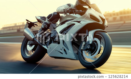 Road racing motorbike moving in high speed into a curve, motion blur. Road racing motorbike moving in high speed into a curve, motion blur. 125628214