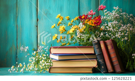 A still life composition of old books and summer flowers. 125628221
