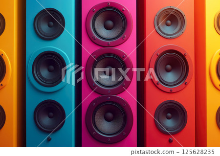 Close up view of colorful audio speakers. 125628235