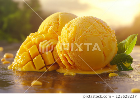 Scoops of yellow mango ice cream with mint. Scoops of yellow mango ice cream with mint. 125628237