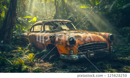 An abandoned car overgrown with plants in the forest. An abandoned car overgrown with plants in the forest. 125628250