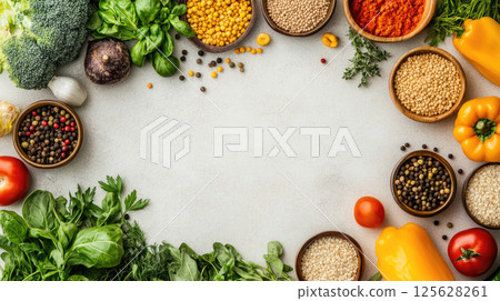 Vegetarian cooking background with  organic vegetables and grains on light beige stone background. 125628261