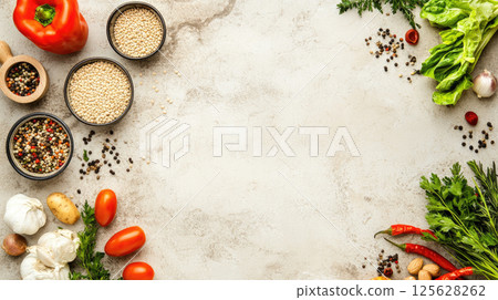 Vegetarian cooking background with vegetables and grains on light beige stone background. 125628262