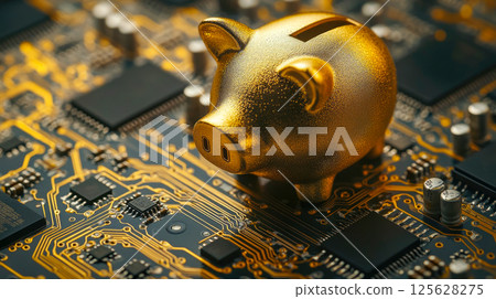 Business and technology concept. Golden piggy bank placed on computer circuit board. 125628275