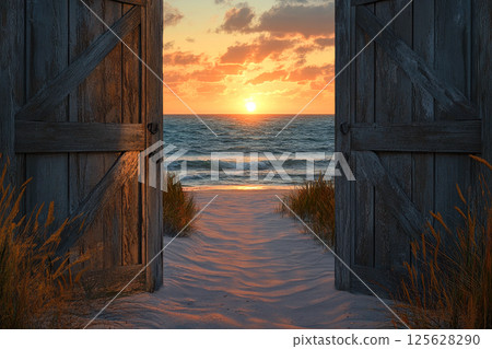 Wooden door with access to the sandy beach with a setting sun . Travel concept. 125628290